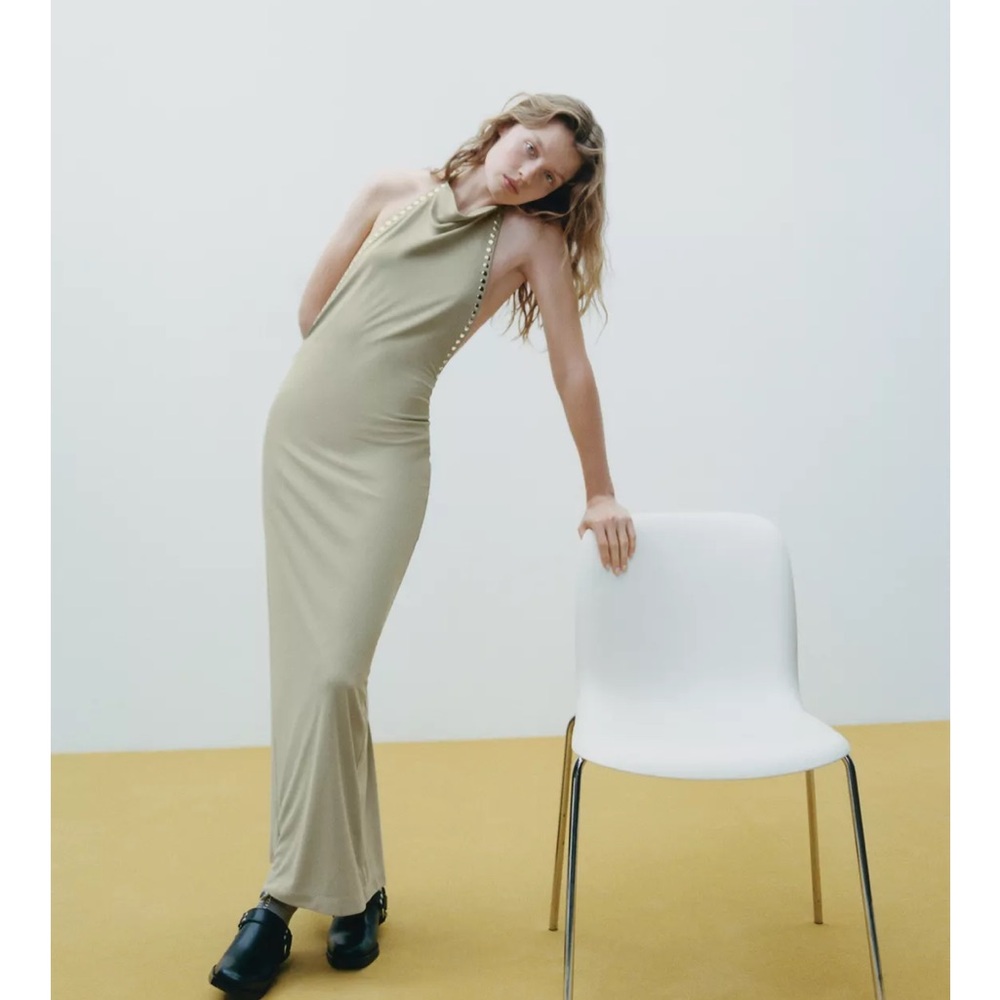 Zara NWT Elegant Studded Beige Halter Dress